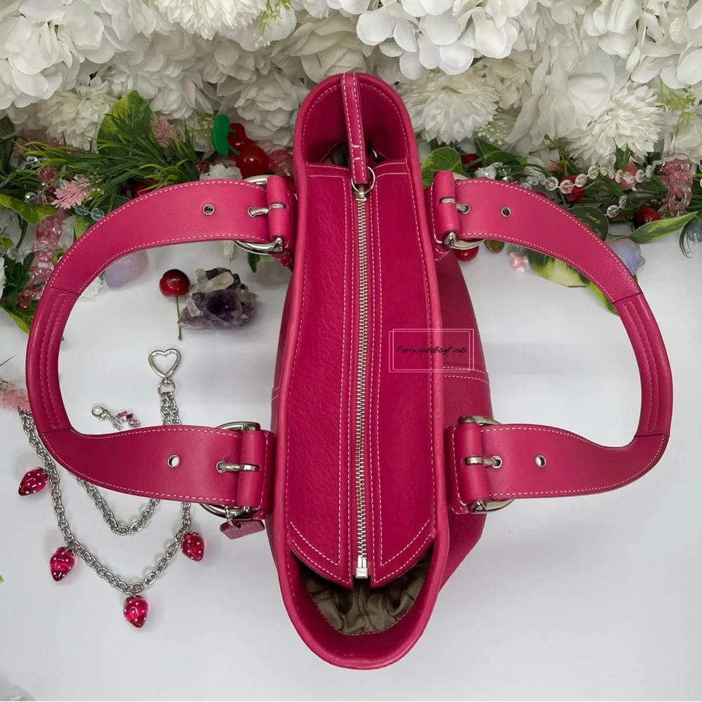 Y2K Vintage Coach Hot Pink Pebble Leather Tote Bag & Strawberry Charm Chain SET - Picture 11 of 16
